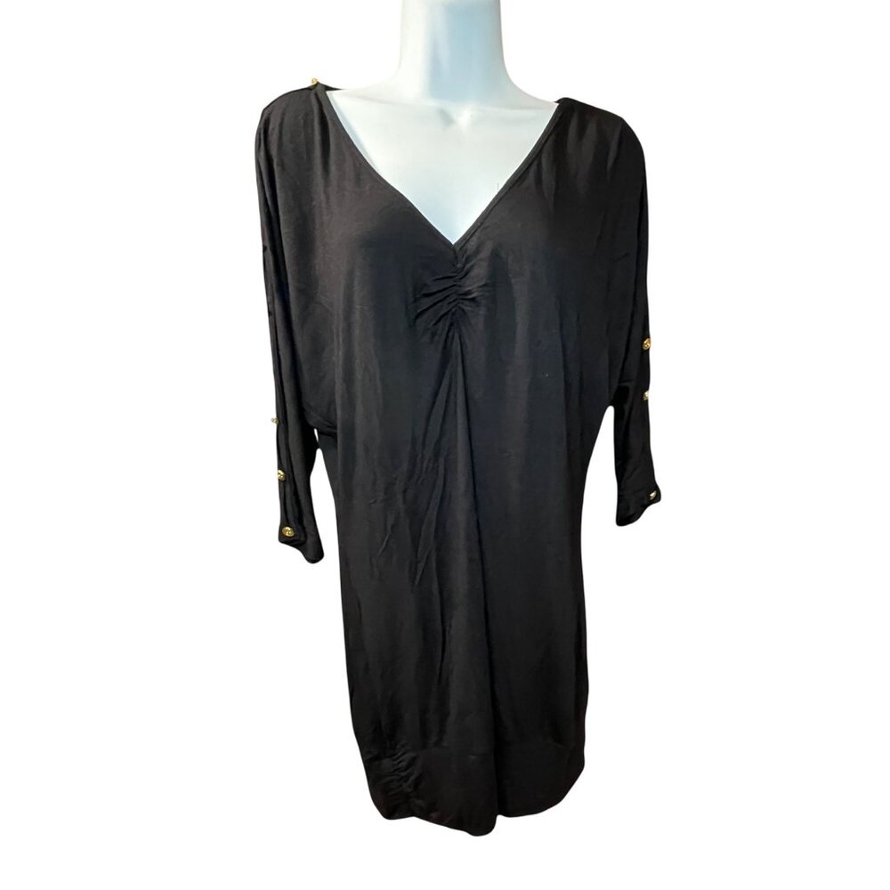 Miss Tina Black V-Neck Ruched Long Sleeve Dress Gold Button Accents Sz Large